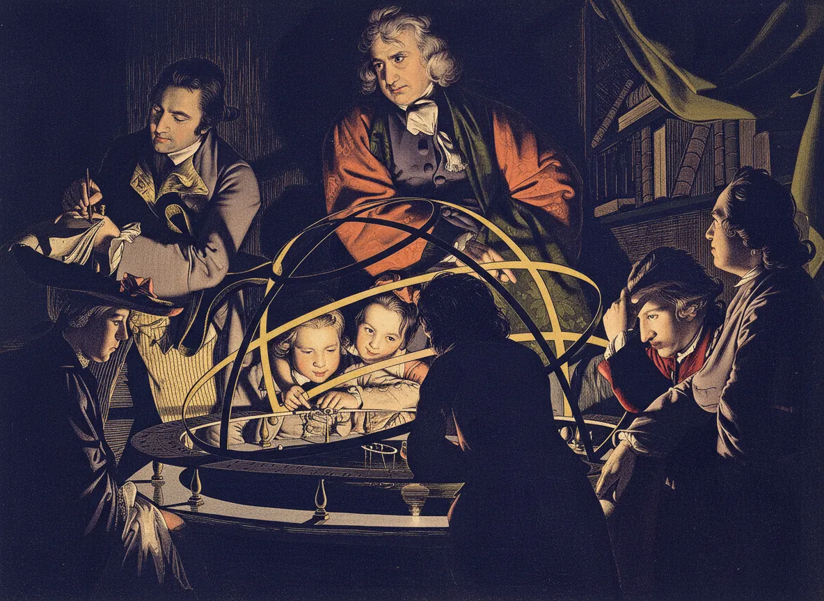 Author mark for Milo — a lamp-lit orrery, after Wright of Derby