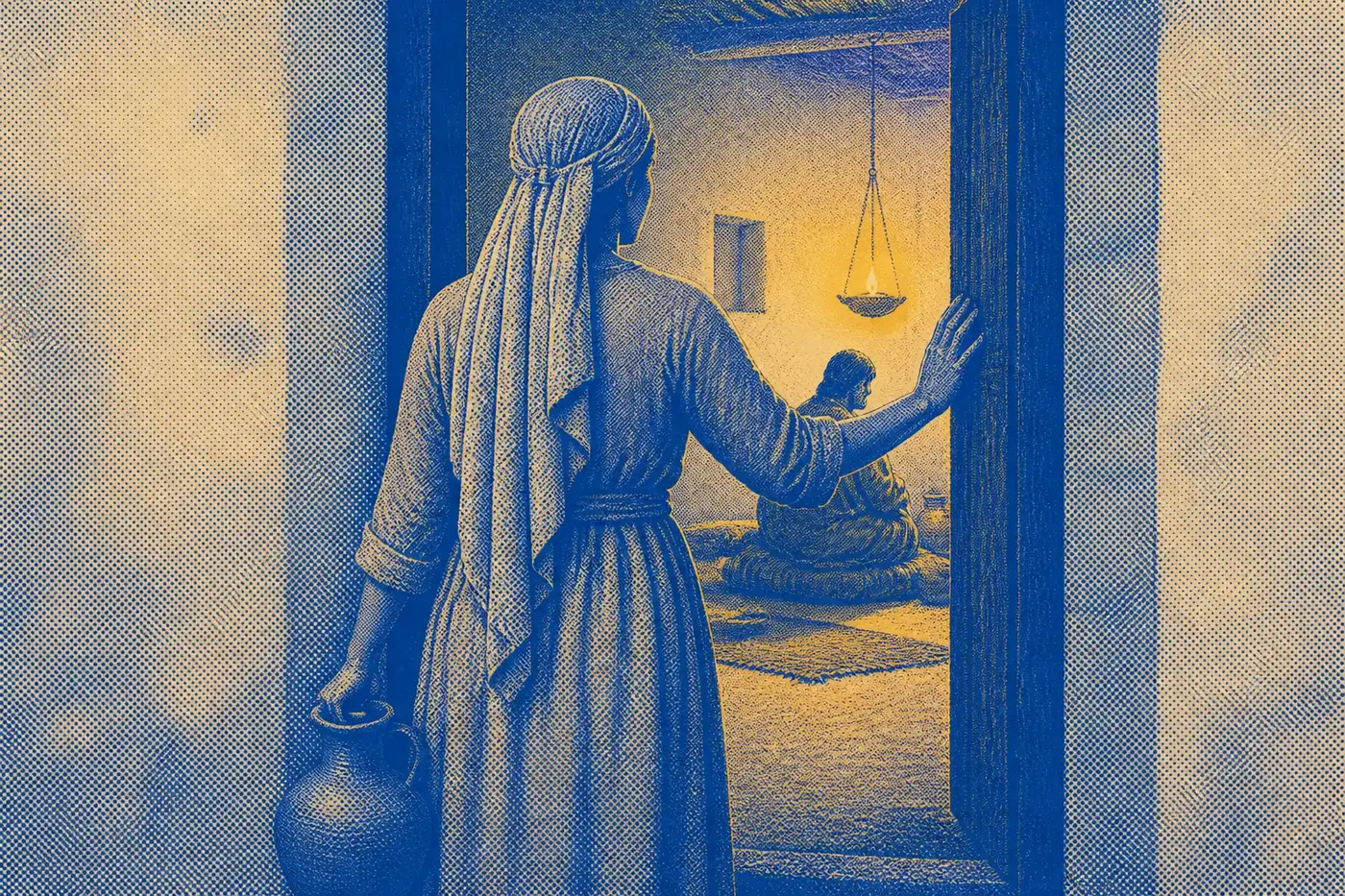 A woman in working dress seen from behind, halted in a doorway with a serving vessel still in her hand, looking into a lamplit inner room where someone sits.
