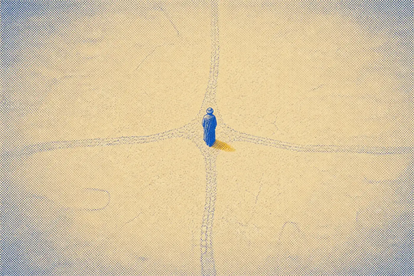 Seen from straight above, one small figure at the centre of a vast expanse of pale cracked ground, with four faint worn tracks leading away to the frame's edges.