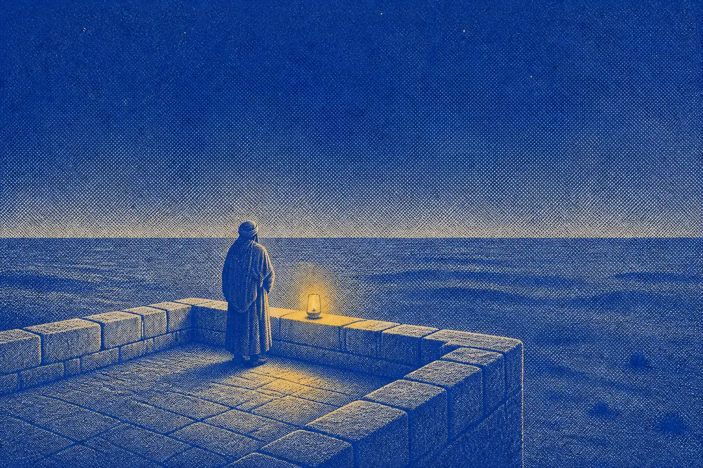 A single small figure alone on the flat top of a stone rampart at night, seen from behind and above, facing out over an empty dark plain with one low lamp beside him.