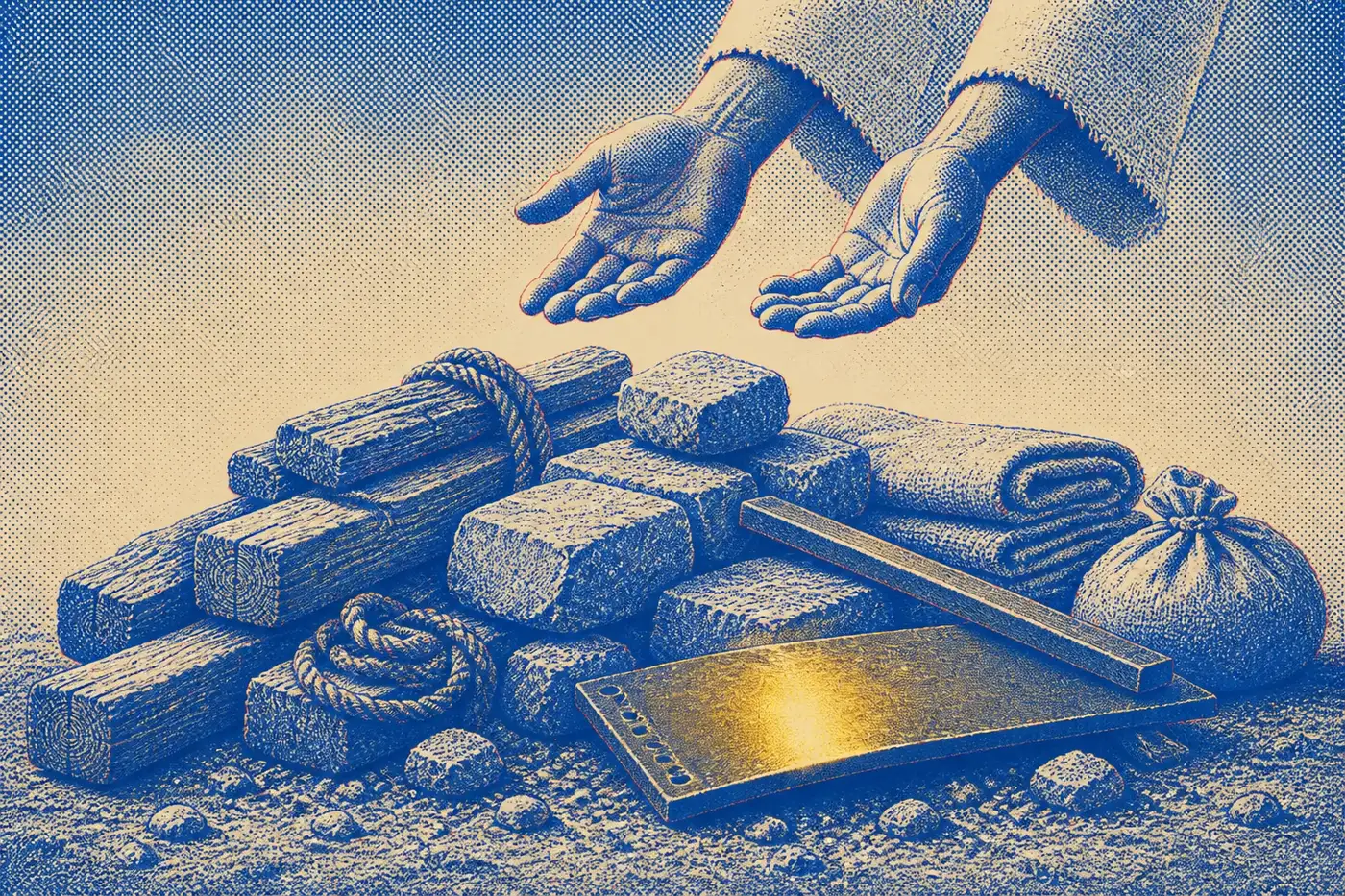 A heaped pile of building materials on the ground, with two open empty hands held palms-up above it.