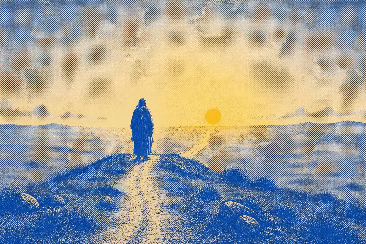 A single robed figure seen from behind at the crest of a low rise at dusk, a worn track running back past him and on ahead into open country.