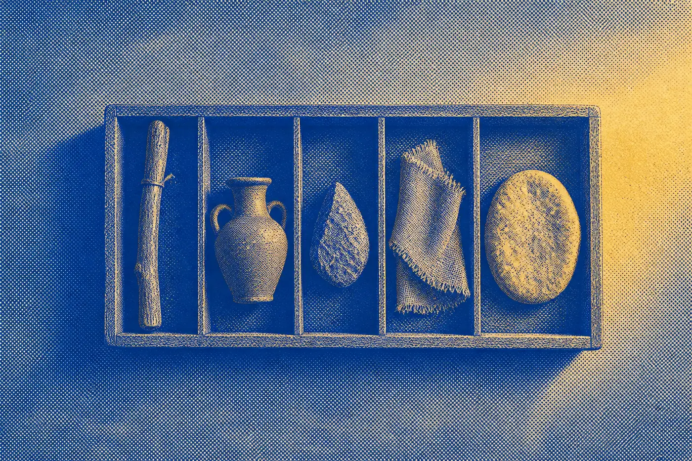 A shallow compartmented wooden tray seen from directly above, holding a piece of wooden staff, a clay jar, a rough stone, torn woven cloth and a flat loaf.