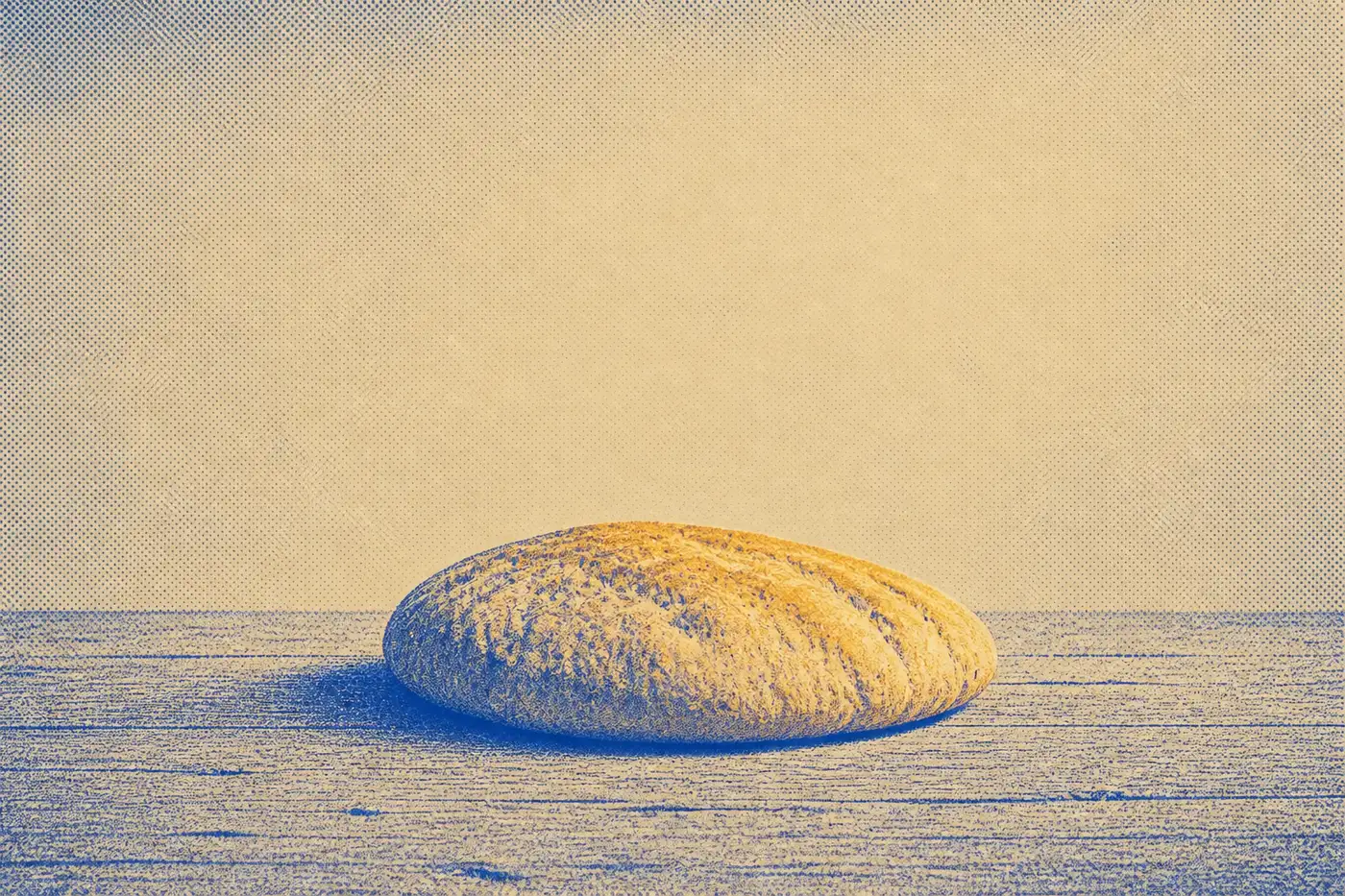 A single flat loaf of bread on bare wooden boards, alone in a quiet, almost empty frame.