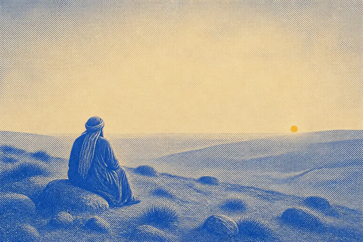A broad quiet hillside at dusk seen from above, one robed figure sitting still on the slope with his back to the viewer, hands empty.