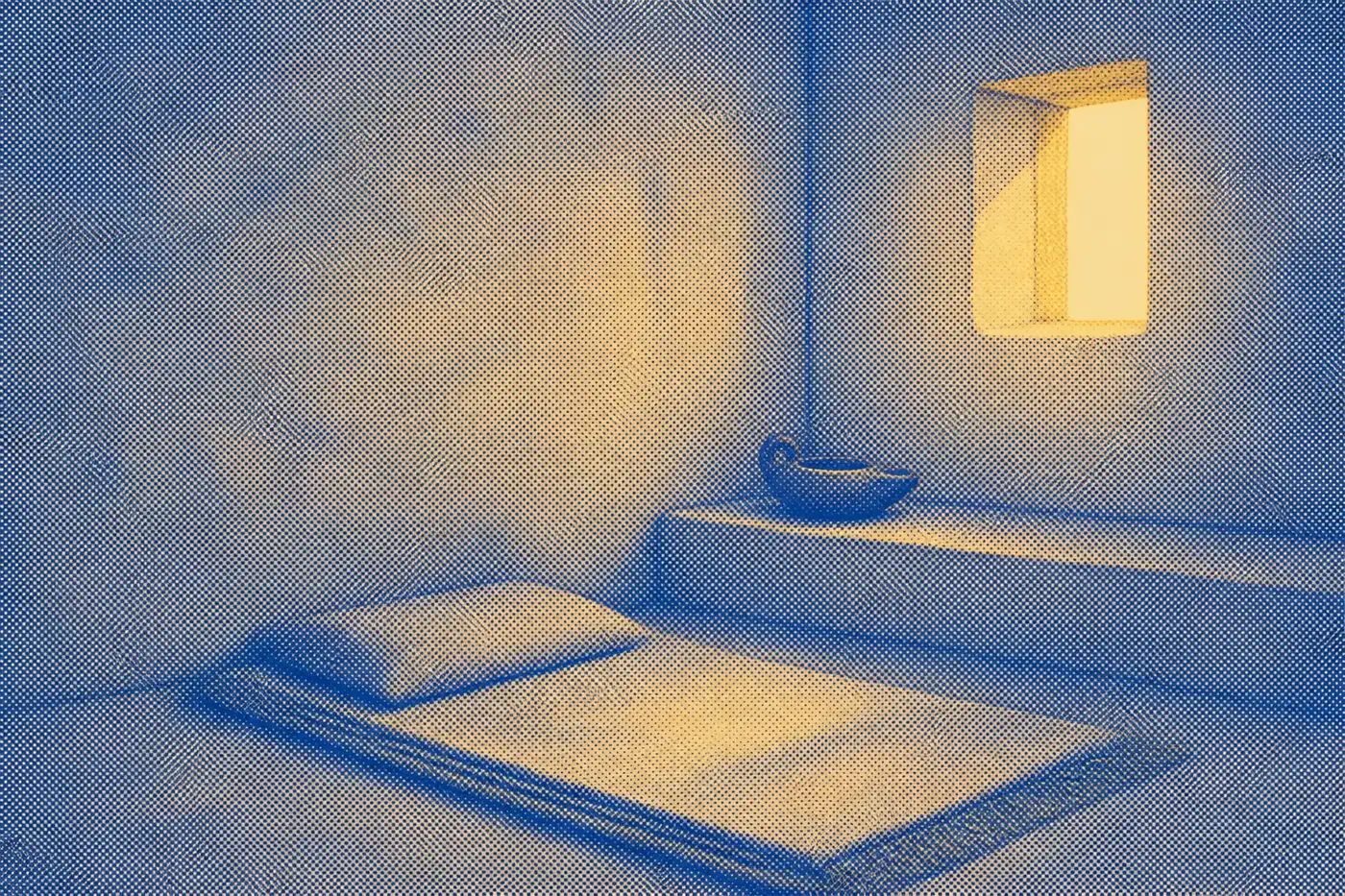 The corner of a plain room at day's end: an unlit clay lamp on a low ledge, a made-up sleeping mat beneath it, and one small window of last daylight.