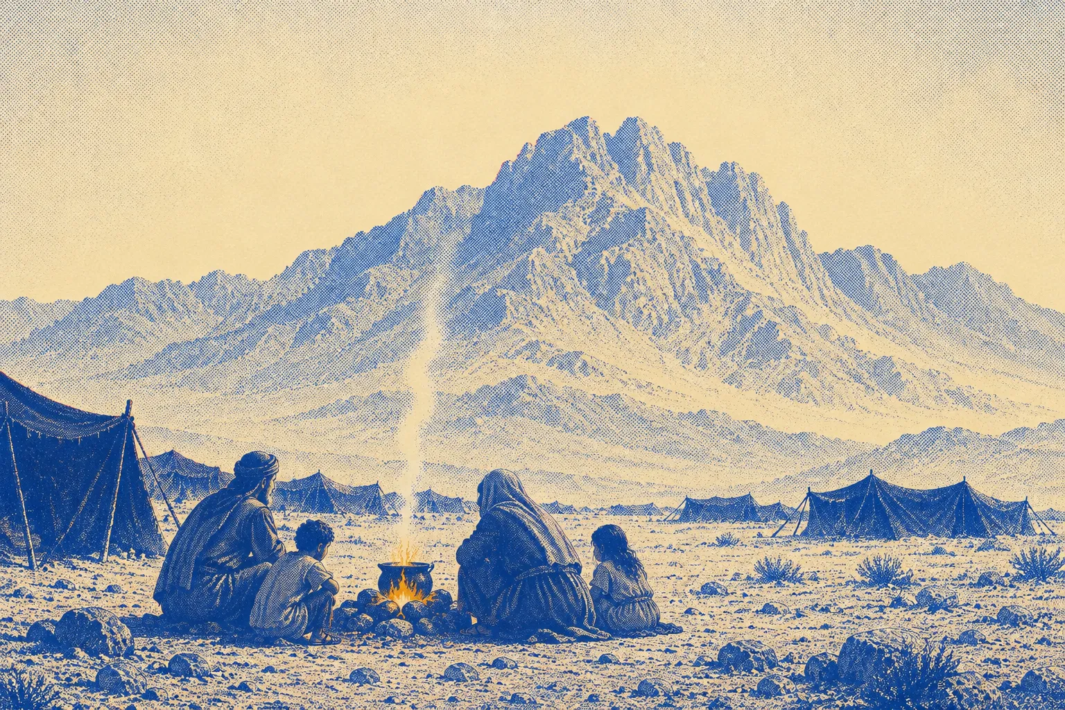 An Israelite family seen from behind, crouched around a small cooking fire at the edge of a wilderness camp of goat-hair tents, the dark slopes of a great mountain rising beyond them in morning light