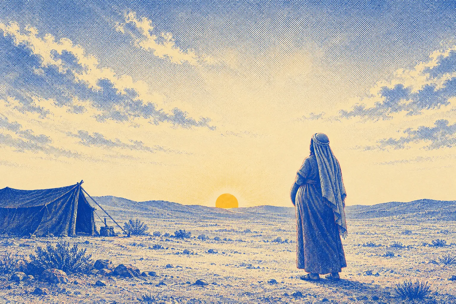 A pregnant woman in a mantle and veil seen from behind at sunrise, standing alone on open ground a short walk from her tent, one hand pressed to her side, facing the low sun over the hills