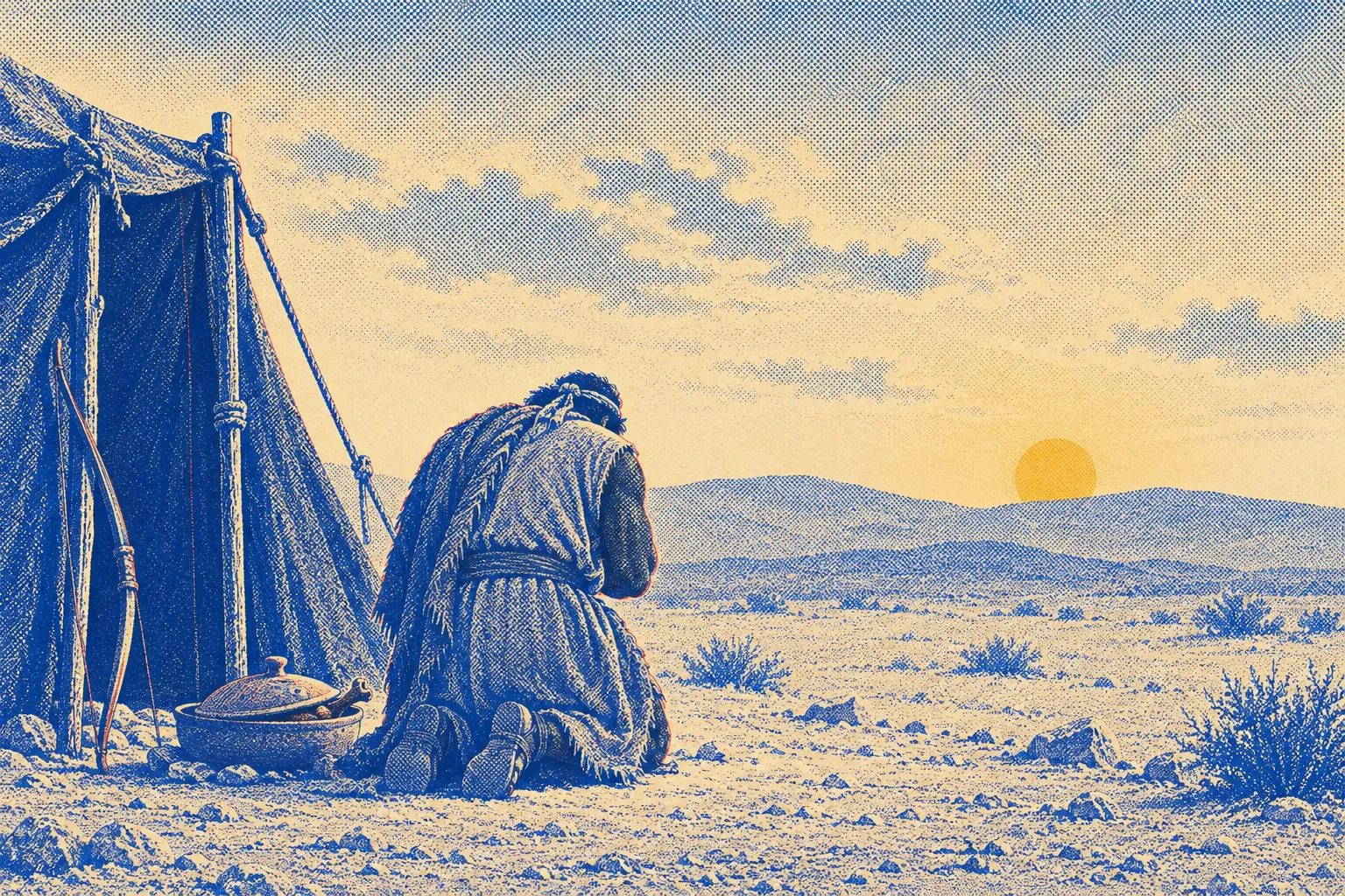 A large hunter seen from behind, kneeling outside a tent in late afternoon with his head bowed and his broad shoulders shaking, a covered dish of cooked game set on the ground beside him untouched