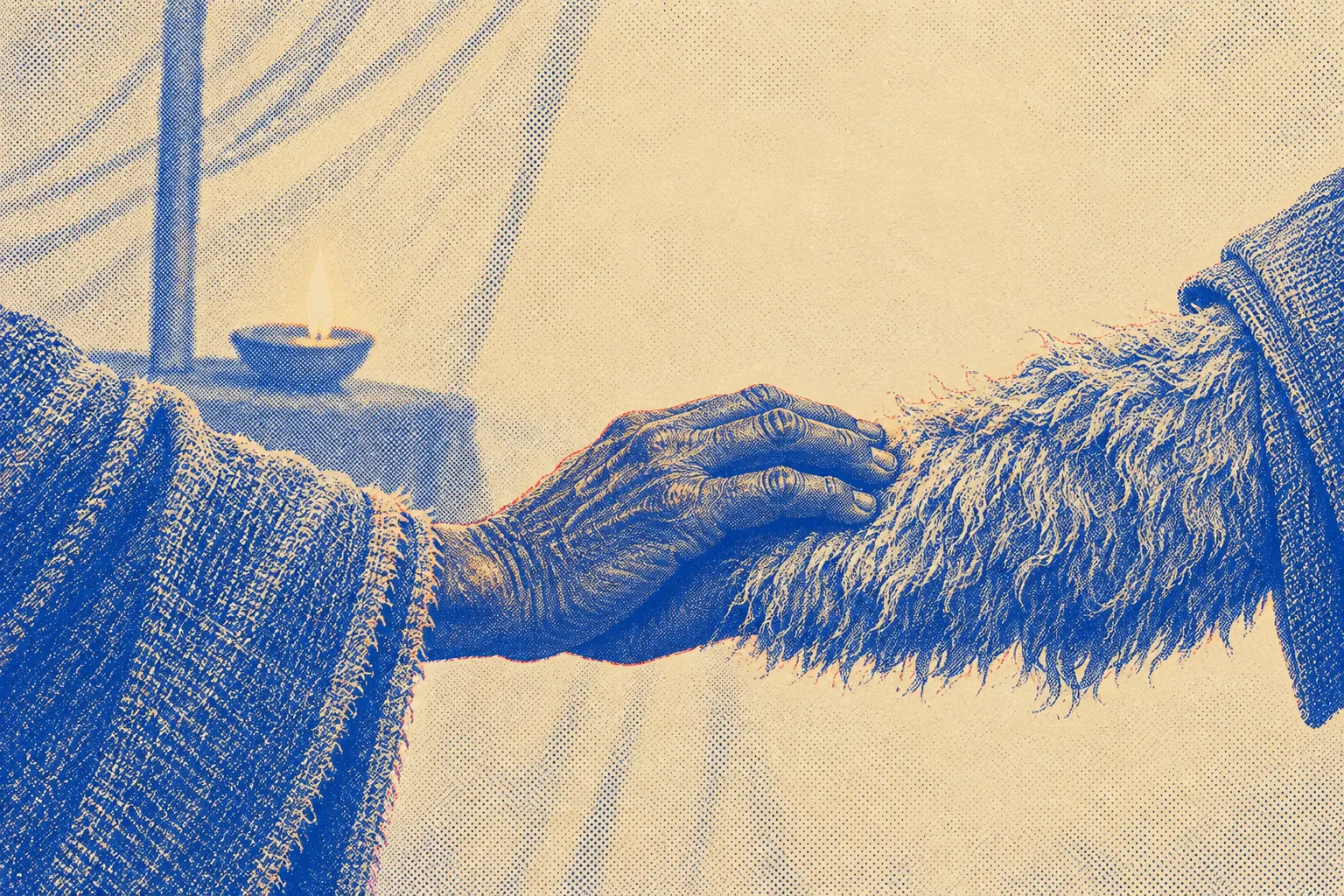 Close side view of an old man's hand resting on a young man's forearm wrapped in shaggy goatskin, the two sleeves meeting in lamplight inside a tent