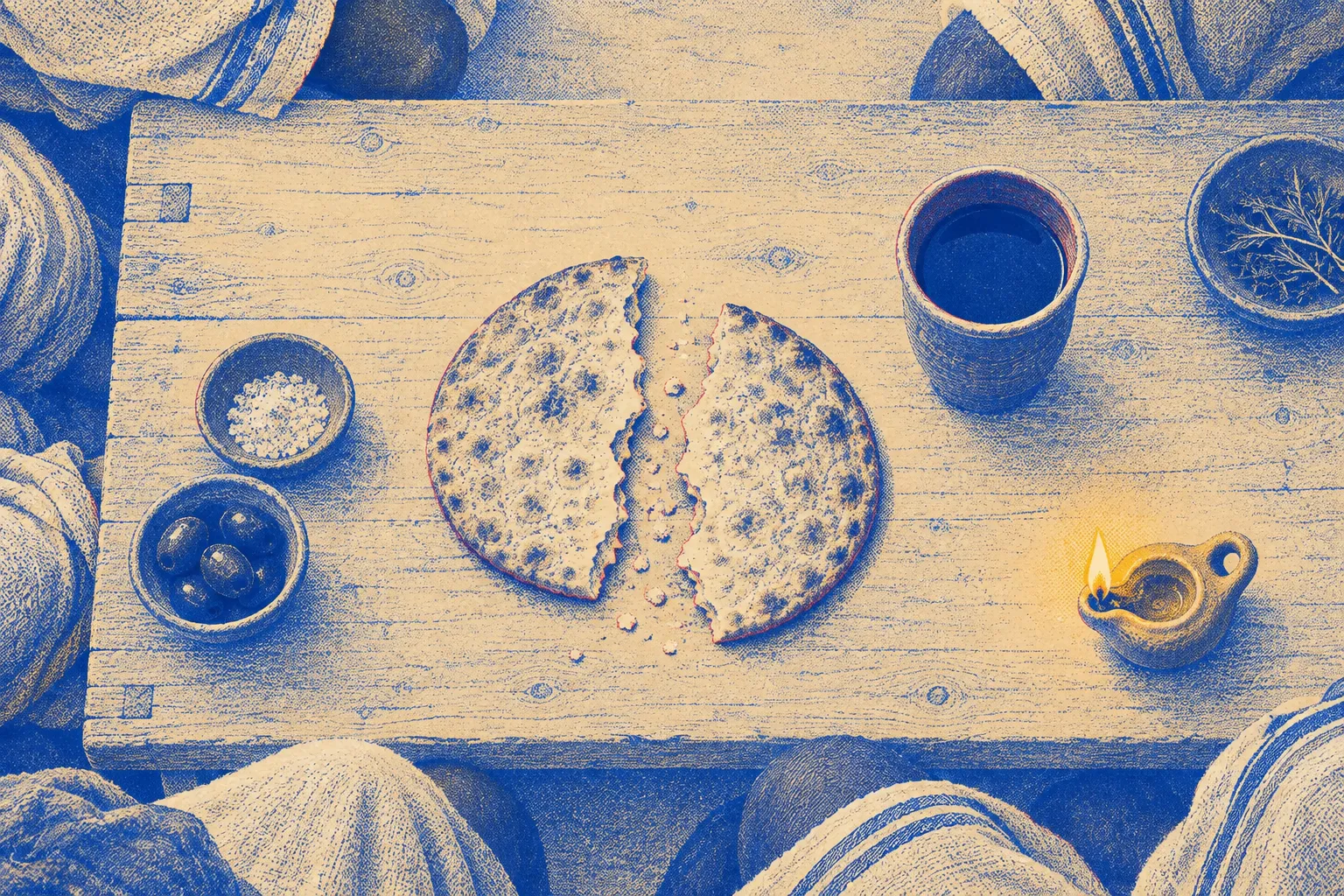 Looking straight down on a low wooden table at night, a round flat loaf torn into two pieces beside a clay cup of wine, lamplight at one corner, the edges of robed figures reclining around the table at the frame edge