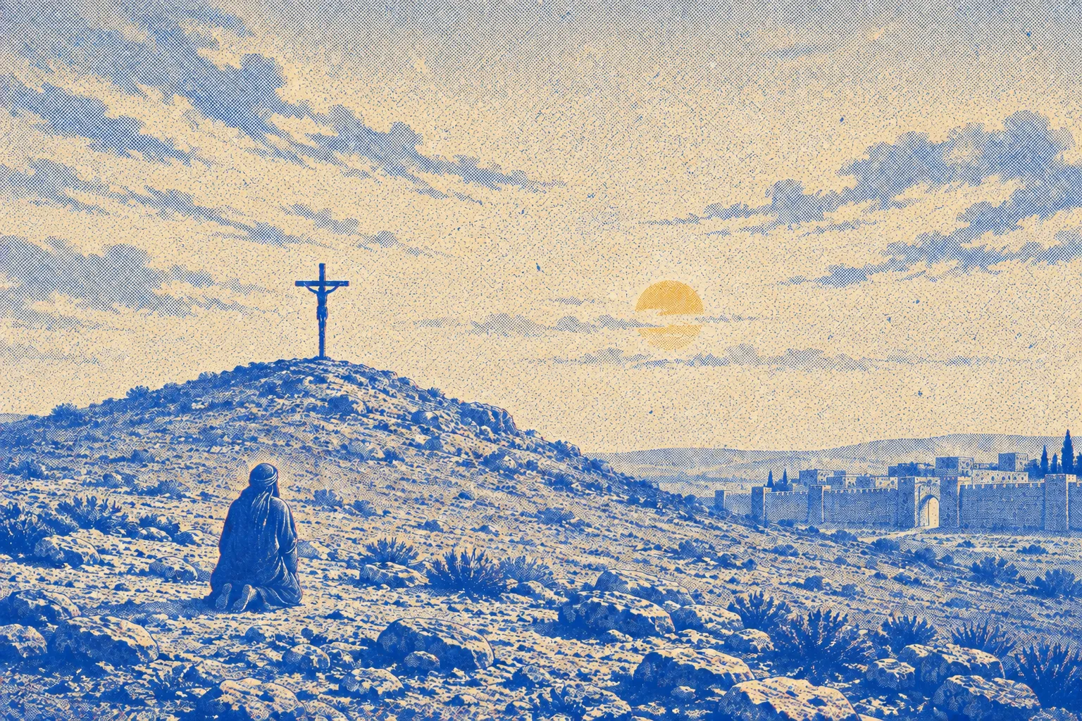 Wide view of a stony hill at the edge of a city wall under a pale sky, a single rough wooden cross standing on the rise, a small figure kneeling on the ground at a distance below it, seen from behind