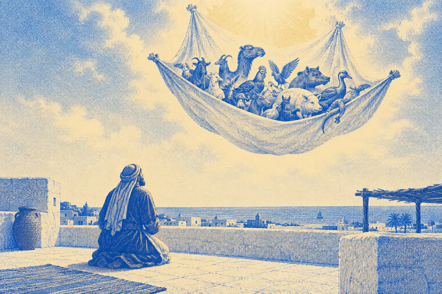A man seen from behind kneeling on a flat whitewashed rooftop above a coastal town at midday, looking up as a great square linen sheet comes down out of a bright sky, held by its four corners