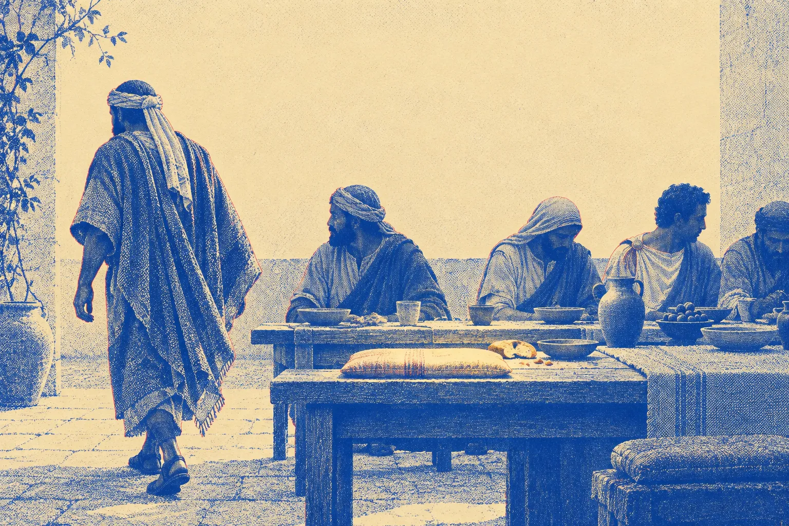 A long low table in a courtyard seen from behind a man who has just stood up and turned away, his empty cushion and half-finished bread left at the table where other guests remain seated