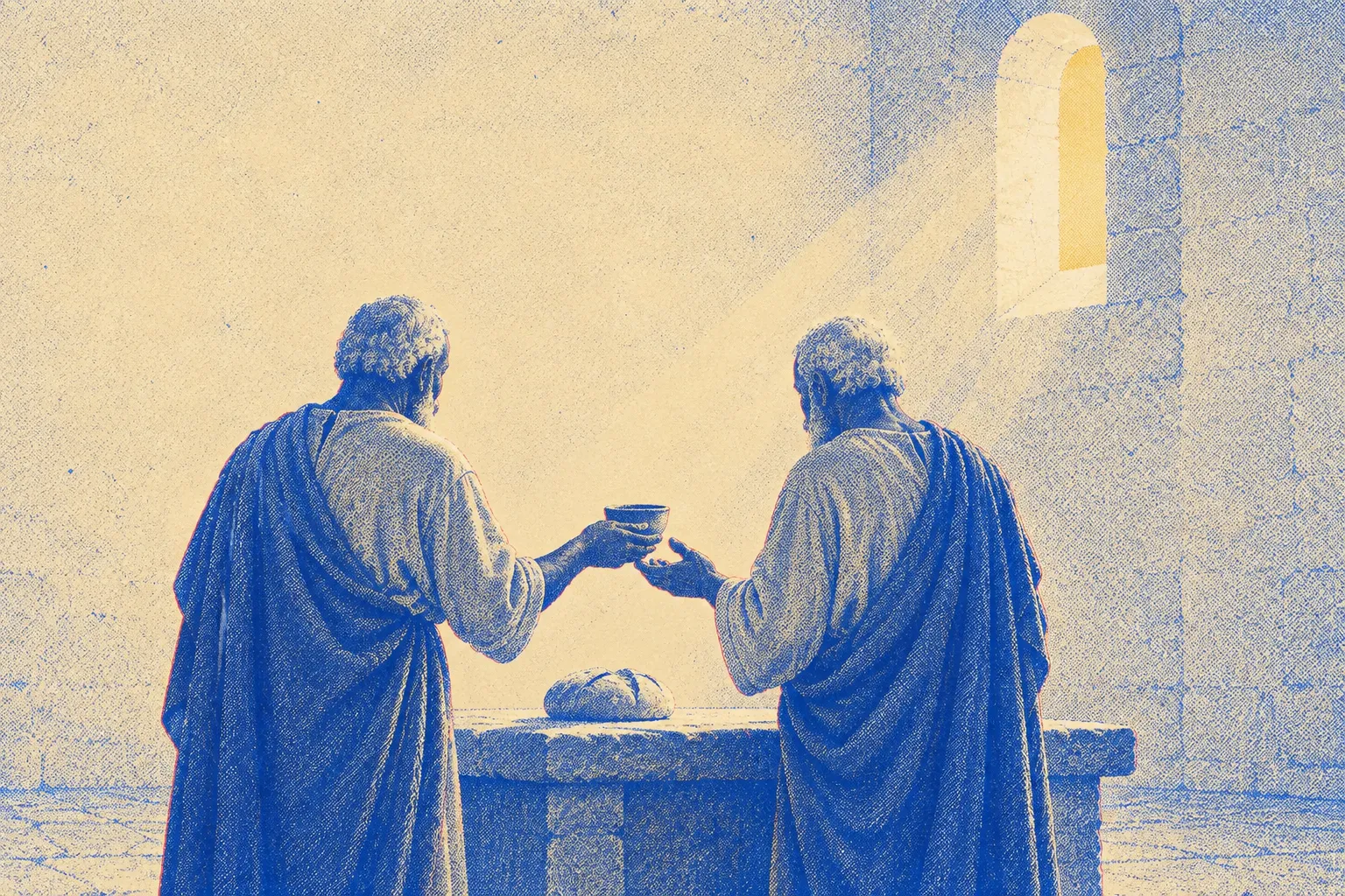 Two elderly bishops in simple robes seen from behind at a plain stone table in a small church, one holding a clay cup toward the other, a round loaf between them and morning light from a high window