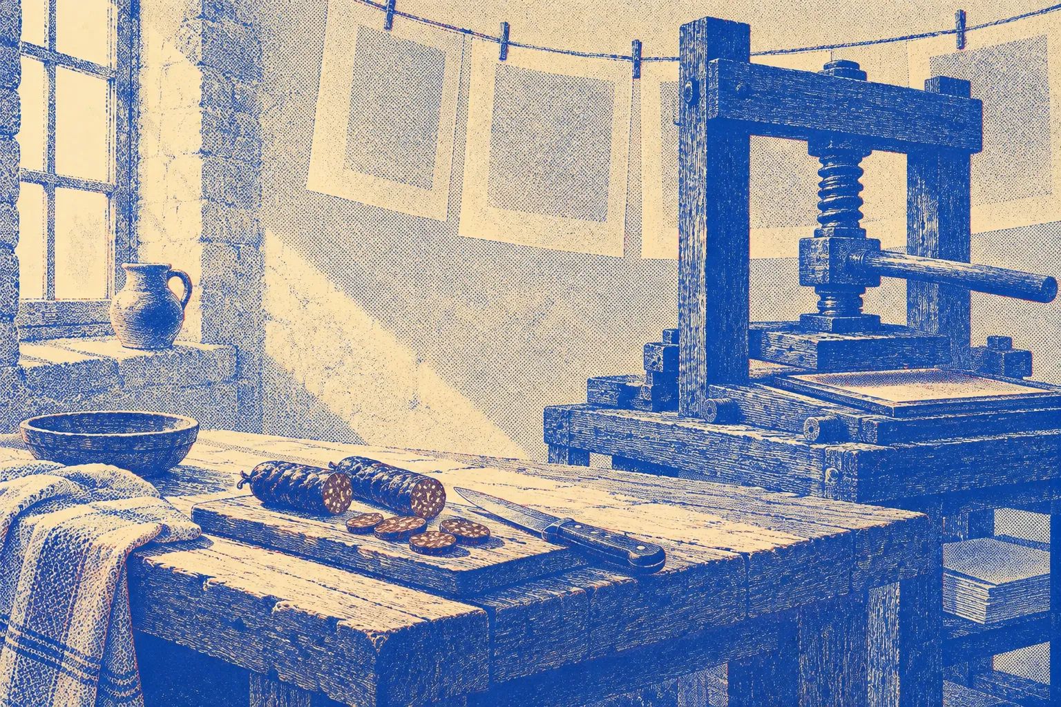 A wooden hand printing press in a workshop, stacks of blank printed sheets drying on a line overhead, and on a bench beside it a small board with two dried sausages cut into pieces and a knife