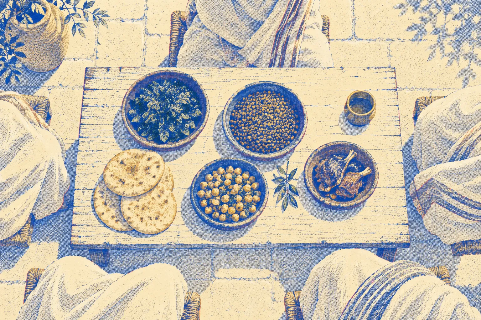 Looking straight down on a low table in a Roman house, several bowls of vegetables and bread on one side and a single dish of meat on the other, the robed shoulders and knees of the people sharing the meal around the edge