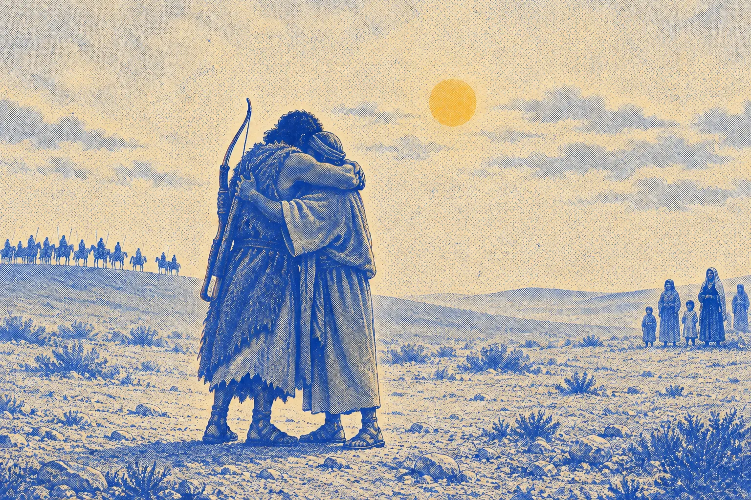 Two bearded men in woven mantles locked in an embrace on open ground, one with a large frame and a hunter's bow on his back, faces buried in each other's shoulders, a line of distant riders waiting on the ridge behind