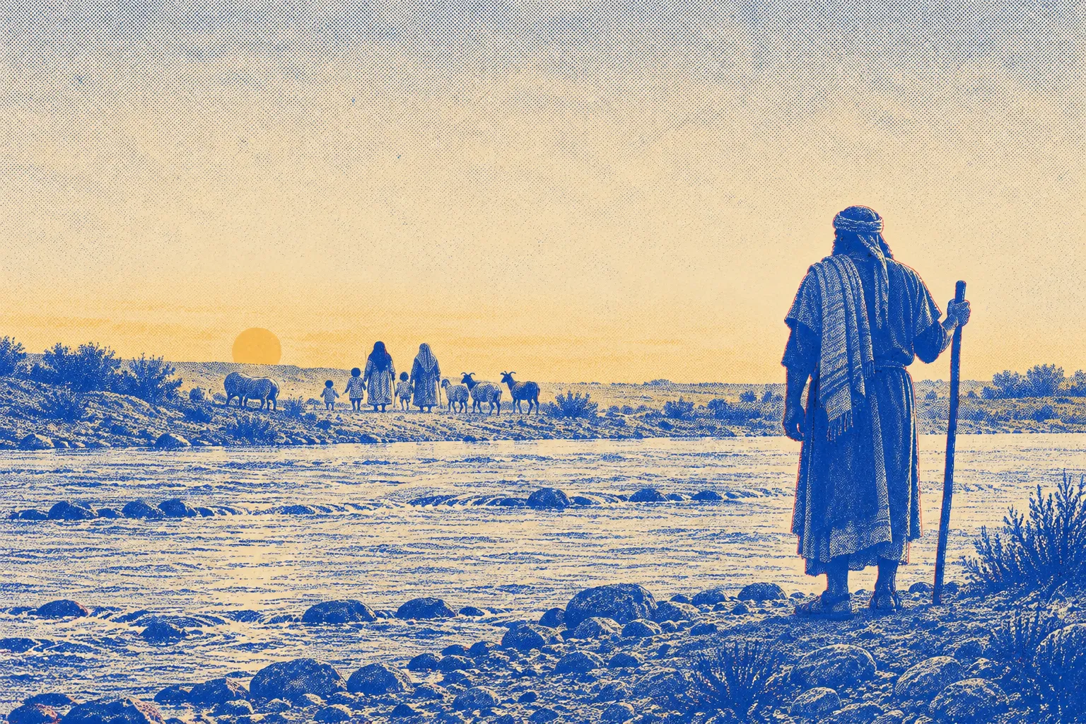 A lone man with a staff seen from behind on a rocky riverbank at dusk, watching his household and animals walking away along the far bank of a shallow stream