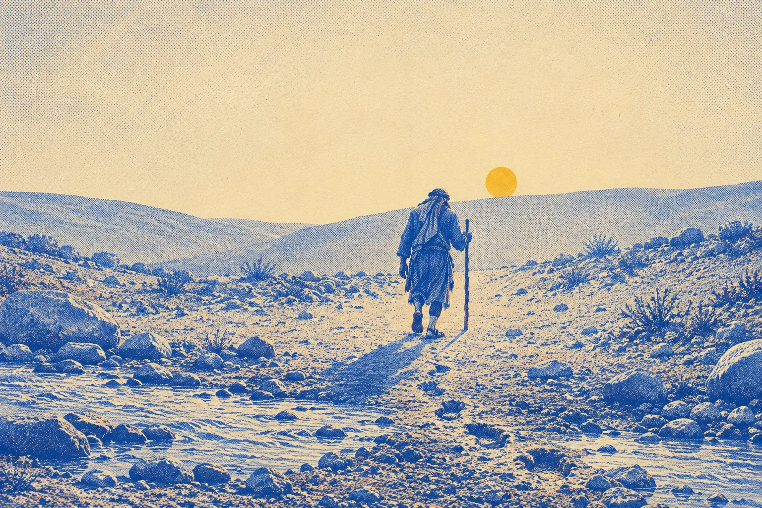 A man in a head cloth and mantle seen from behind, walking away from a rocky stream up a stony path with a staff in his left hand, a small sun just above the far ridge and his long shadow falling back toward the viewer