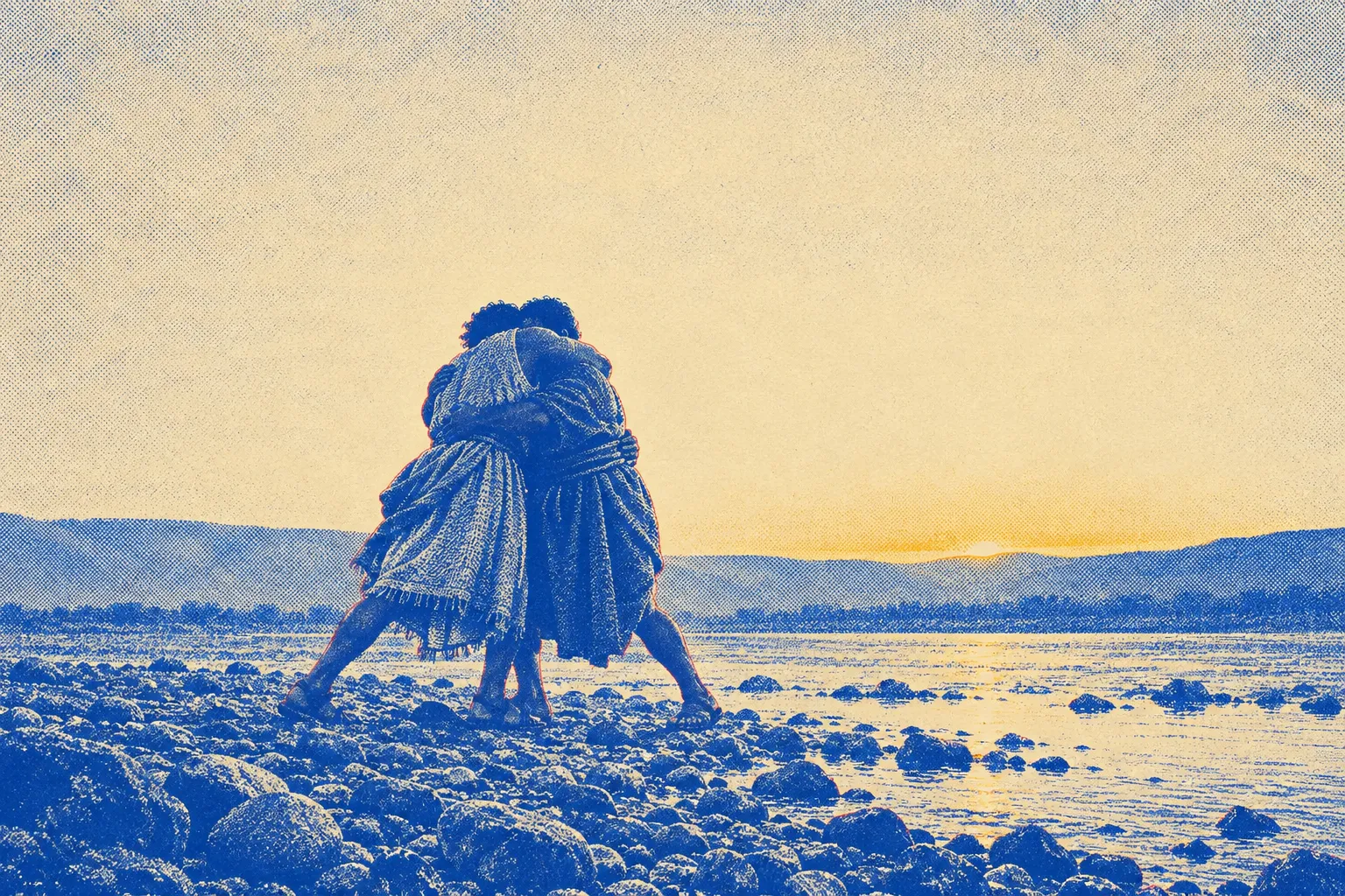 Two men in rough mantles locked together in a wrestling hold on a stony riverbank at first light, seen from the side at a distance, their heads pressed against each other's shoulders against a pale grey dawn sky