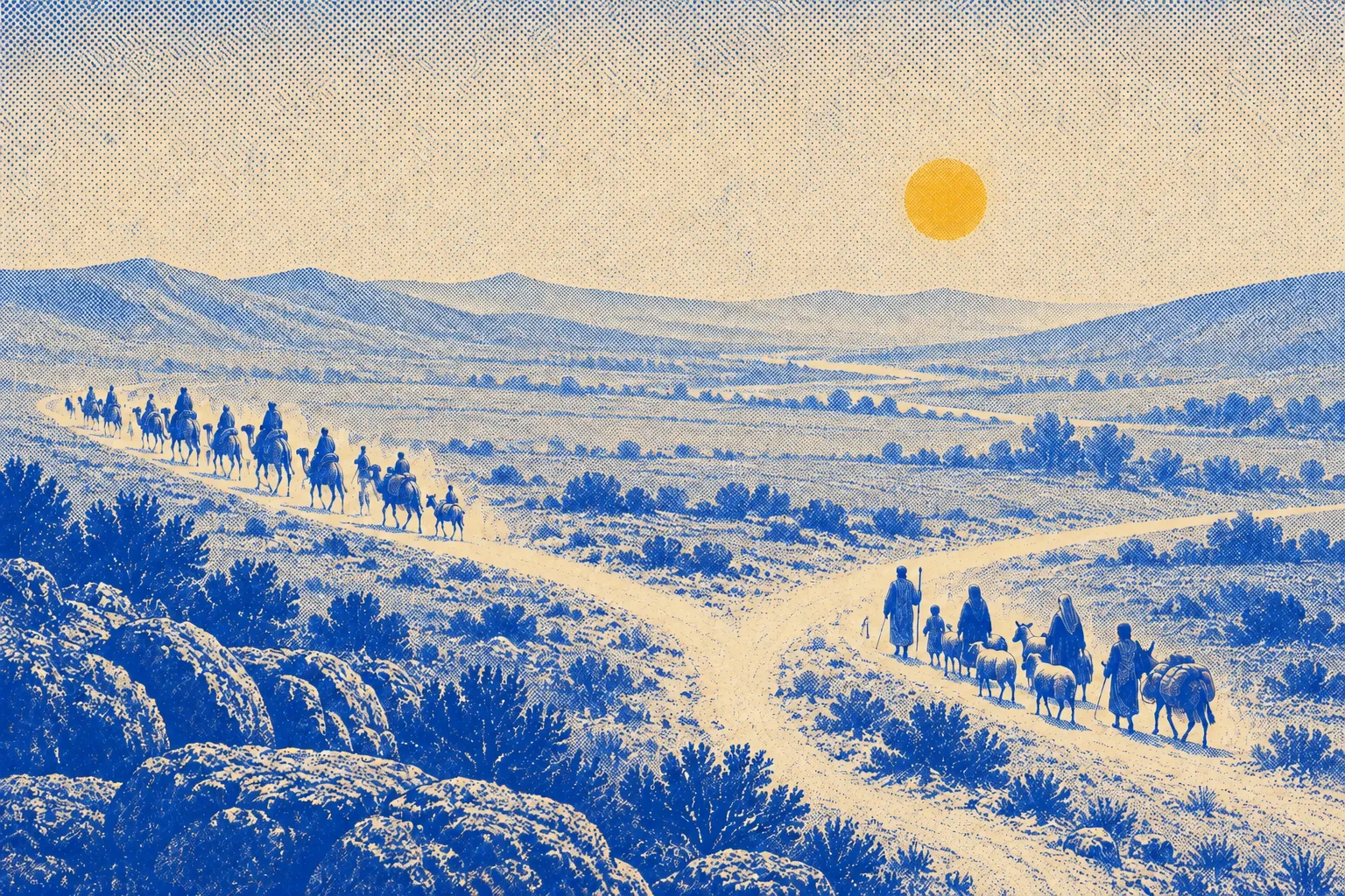 Two groups of travelers seen from high on a hill, separating in peace on a valley road, one large company of riders heading one way and a slower family caravan with sheep and children heading the other