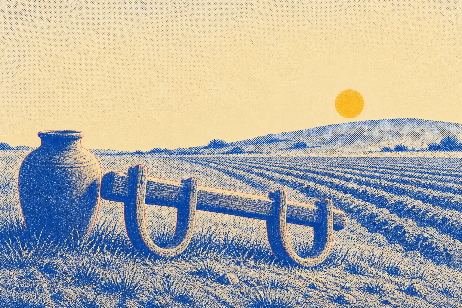 A heavy wooden ox yoke lying unused on the grass at the edge of a plowed field in soft evening light, a single clay water jar beside it