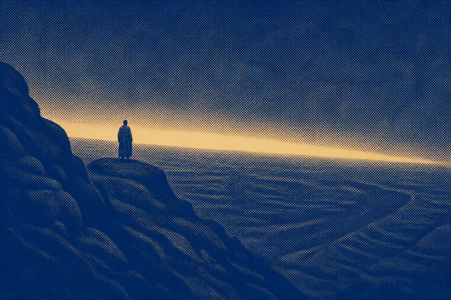 A lone robed figure standing on a high ridge above an immense dark valley, seen from far behind and below.
