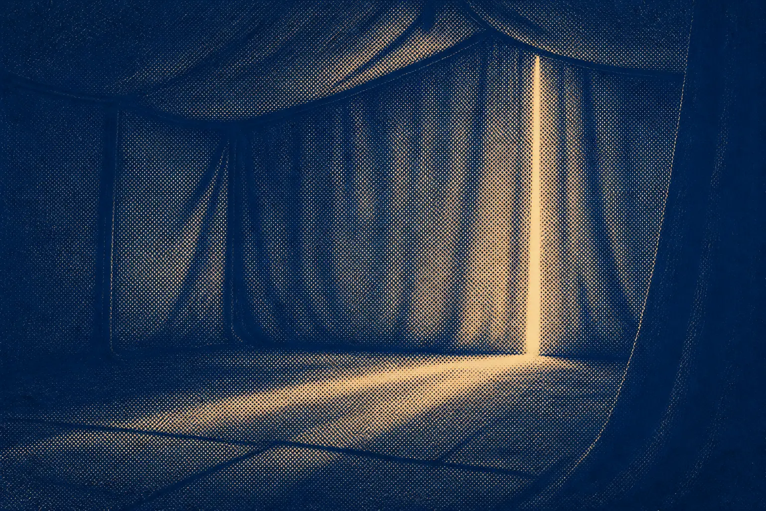 The empty interior of an ancient tent, one heavy curtain hanging closed, a thin line of light at its edge.