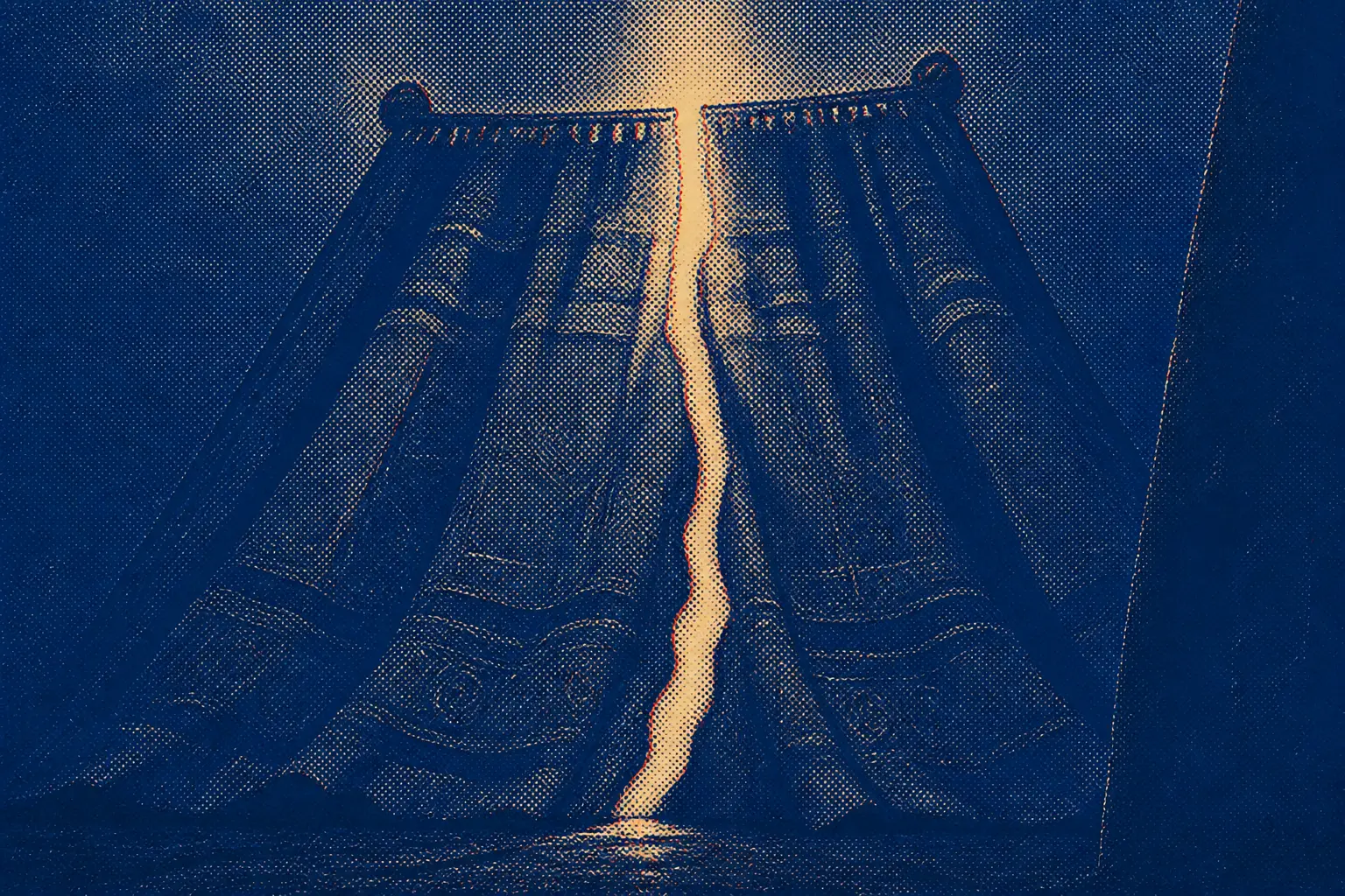 Looking steeply up the height of a vast temple curtain toward a split beginning at the very top, far out of reach.