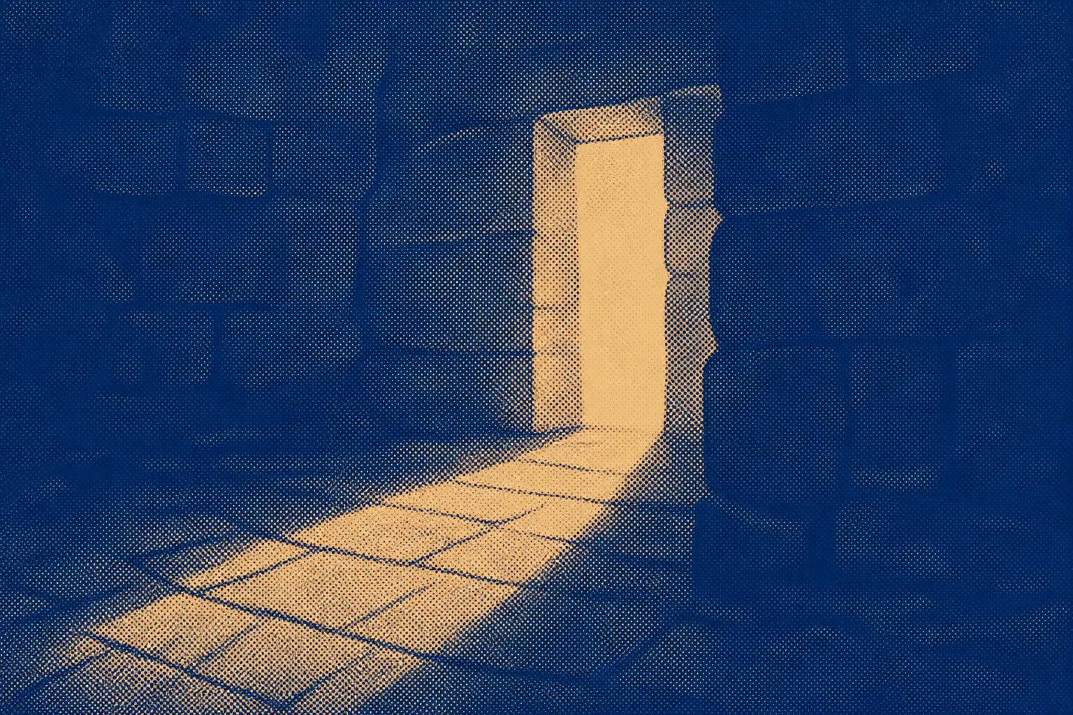 A tall doorway standing wide open with no door in it, warm light flooding out across a dark stone floor.
