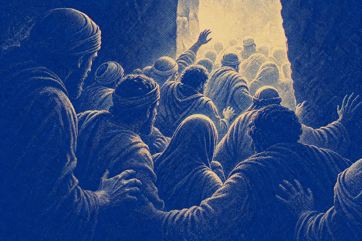 A press of bodies surging through a narrow opening into blinding light, the frame completely filled.