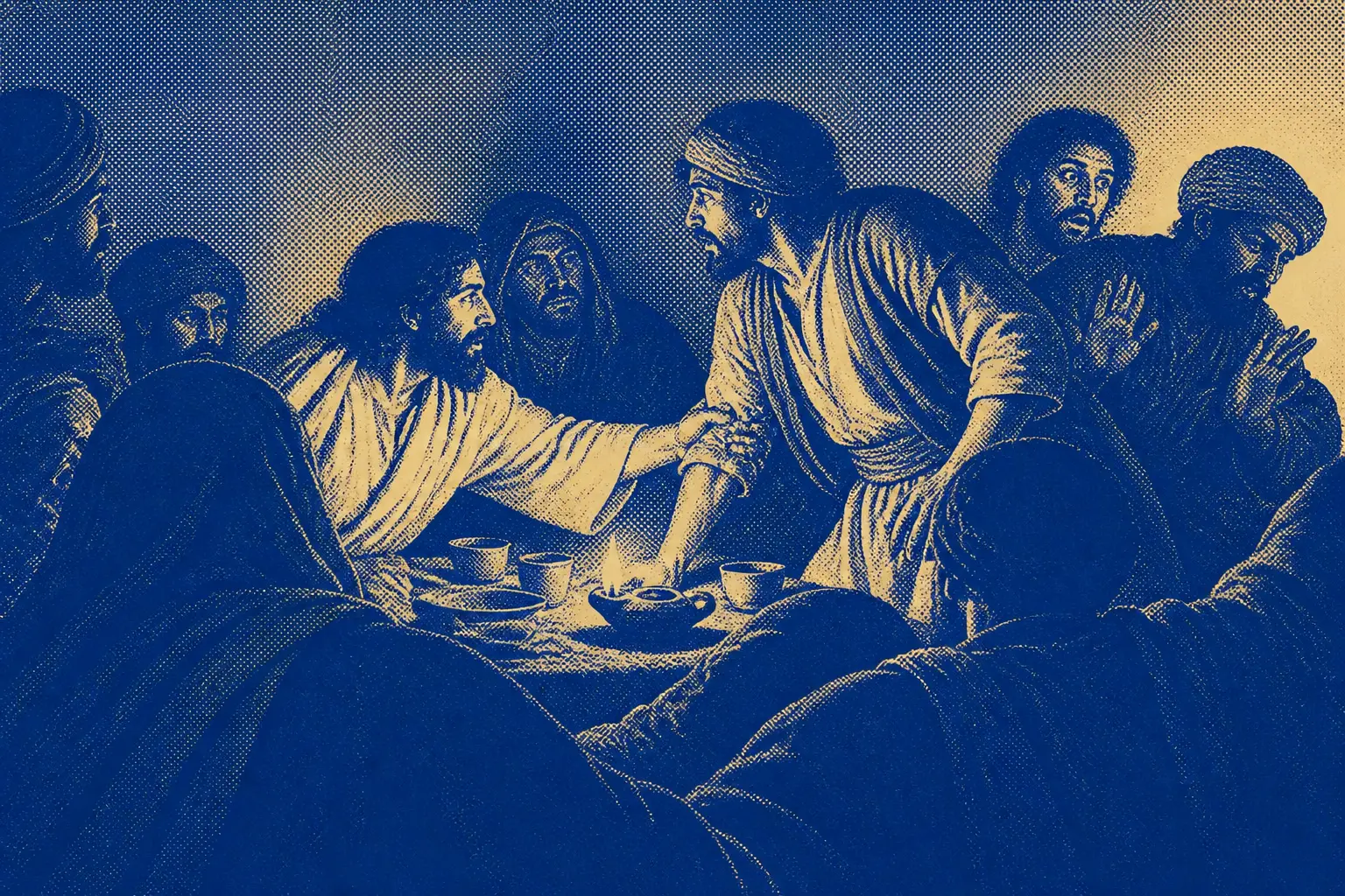 A crowded table, a hand closing on a tax collector's wrist as he half rises, others recoiling.