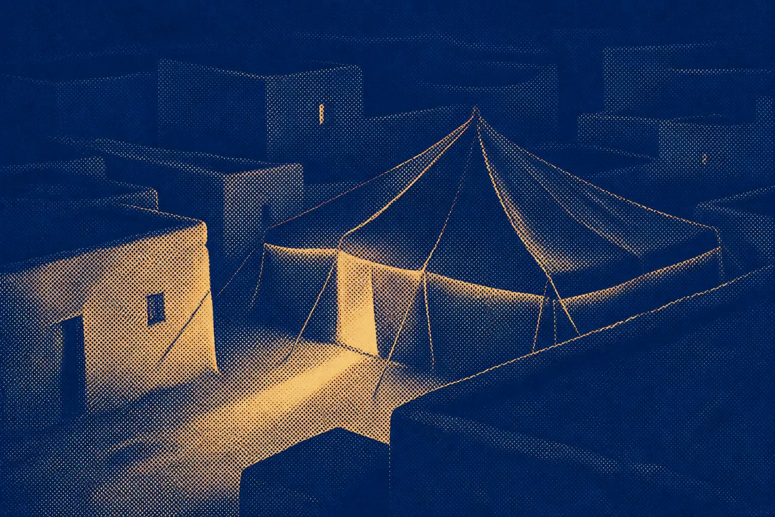 An ancient tent pitched among ordinary dwellings at night, warm light glowing through its seams.