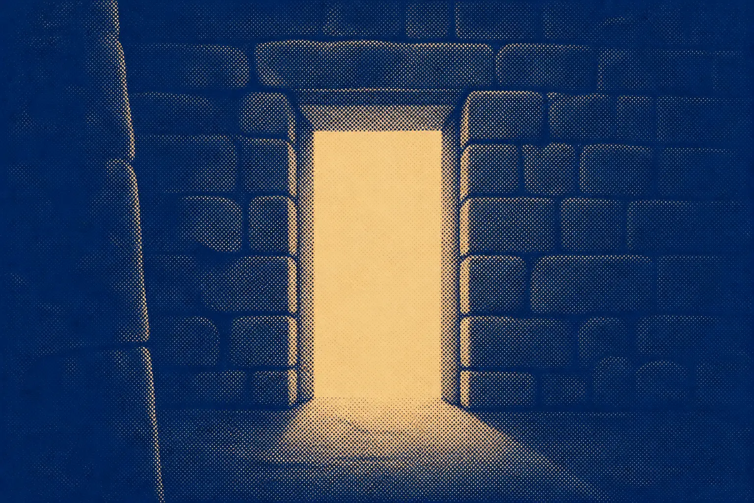 Warm light filling an open doorway with no door in it, seen straight on, quiet and still.