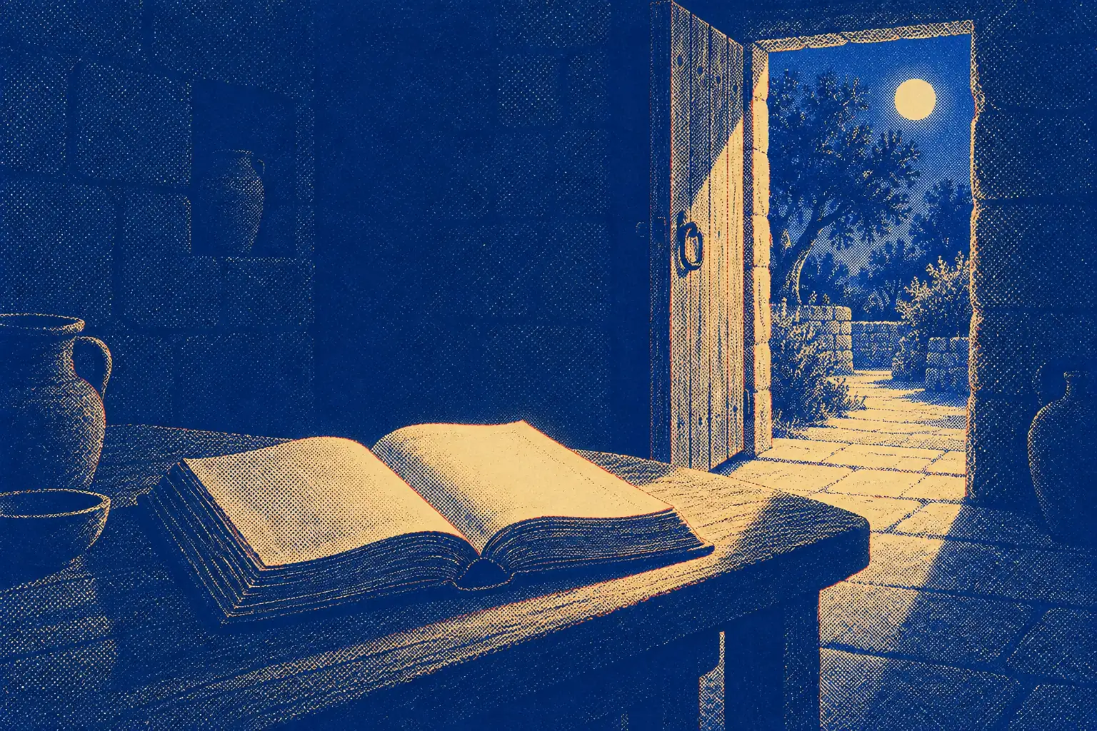 Inside a narrow stone room at night, a heavy wooden door stands wide open onto a moonlit garden path. On a plain table in the dark room an old book lies open, and a thin shaft of gold light from the doorway falls across its pages.