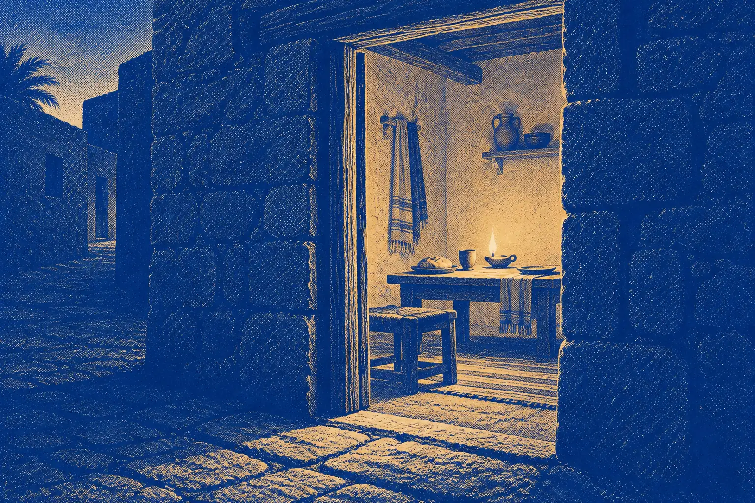 Seen from a dark street at dusk, the open doorway of a small stone family house frames a warm lamp-lit room inside, with a low table and one place still set at it. Nobody is in the doorway.