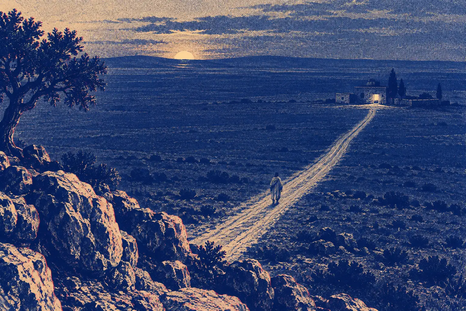 A vast darkening plain at dusk seen from high above. A long pale road runs across it, and far down the road one small figure in a mantle walks away from us toward a single lit window in a distant house.