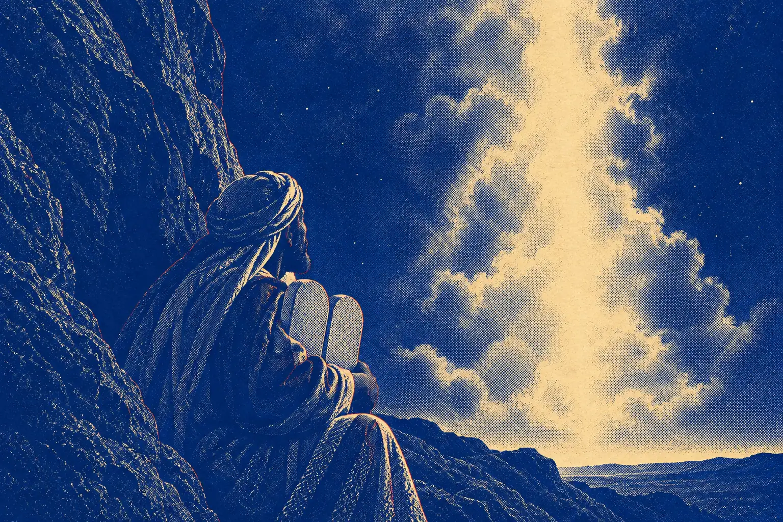 A man in a rough mantle and head cloth sits in a narrow cleft of a dark mountain rock face, seen from behind, holding two plain stone tablets against his chest. Beyond the rock a tall column of cloud and light passes by against the night sky.