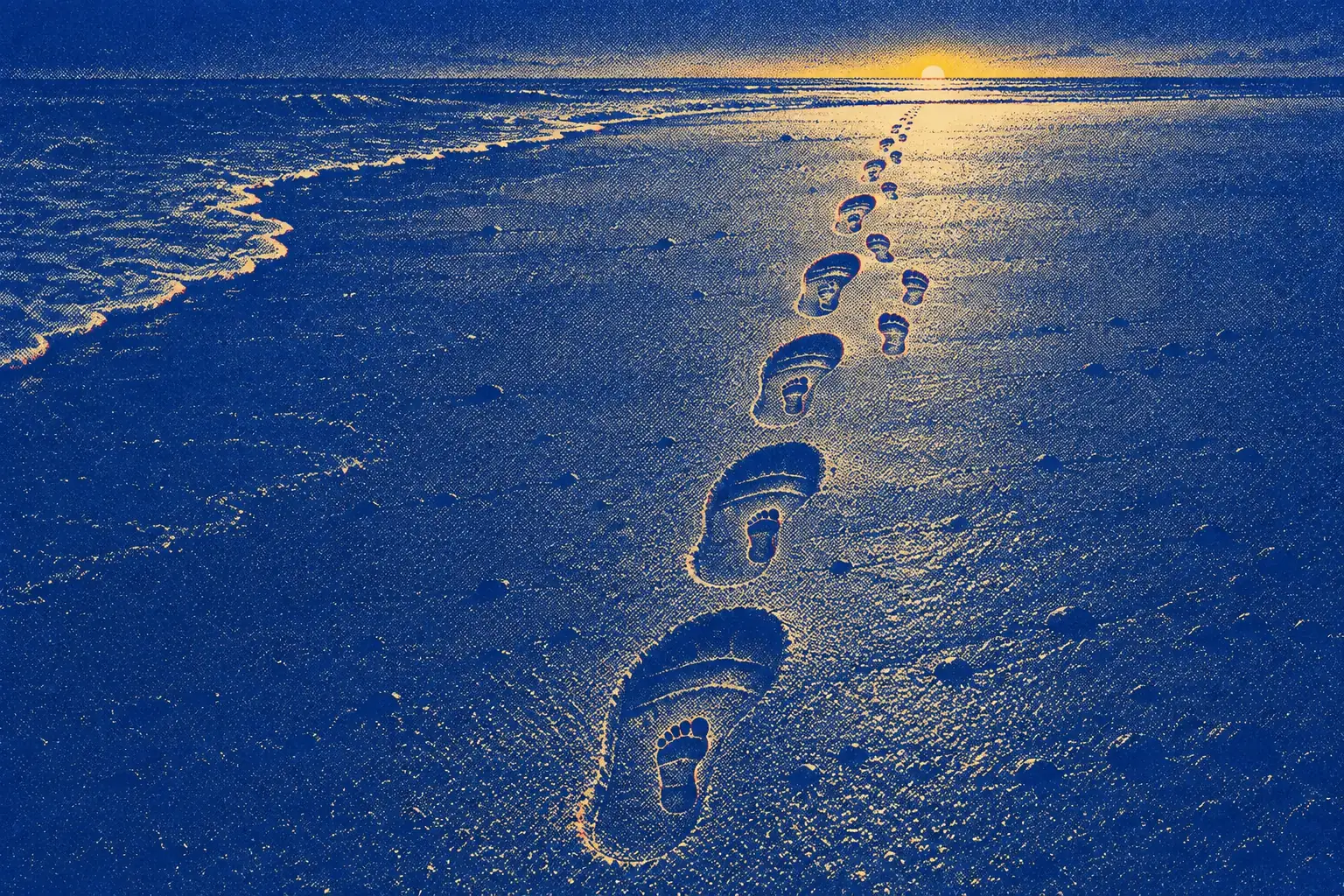 A line of large bare footprints crosses dark wet sand toward a thin gold band of dawn light over the sea. Inside each large print a much smaller footprint is pressed, step for step, and further up a few small prints step out beside the line.