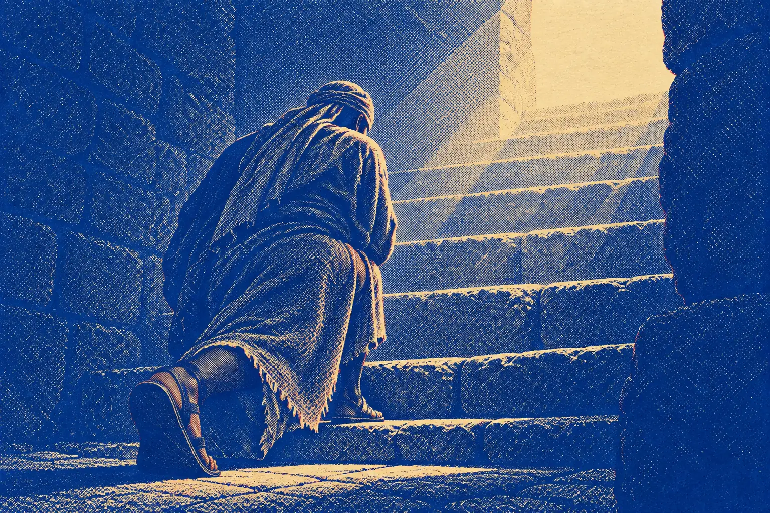 From ground level in near darkness, a man in a rough mantle is seen from behind as he pushes himself up from one knee on worn stone steps, his arms wrapped in the cloth, while pale first light falls on the step above him.