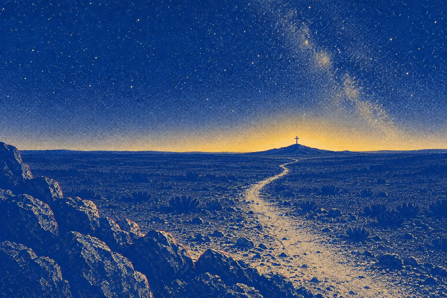 A vast dark plain under a heavy night sky, with a narrow road running toward a low hill far away. On the hill stands one small cross, and behind it the first thin band of gold dawn light has just begun to open along the horizon.