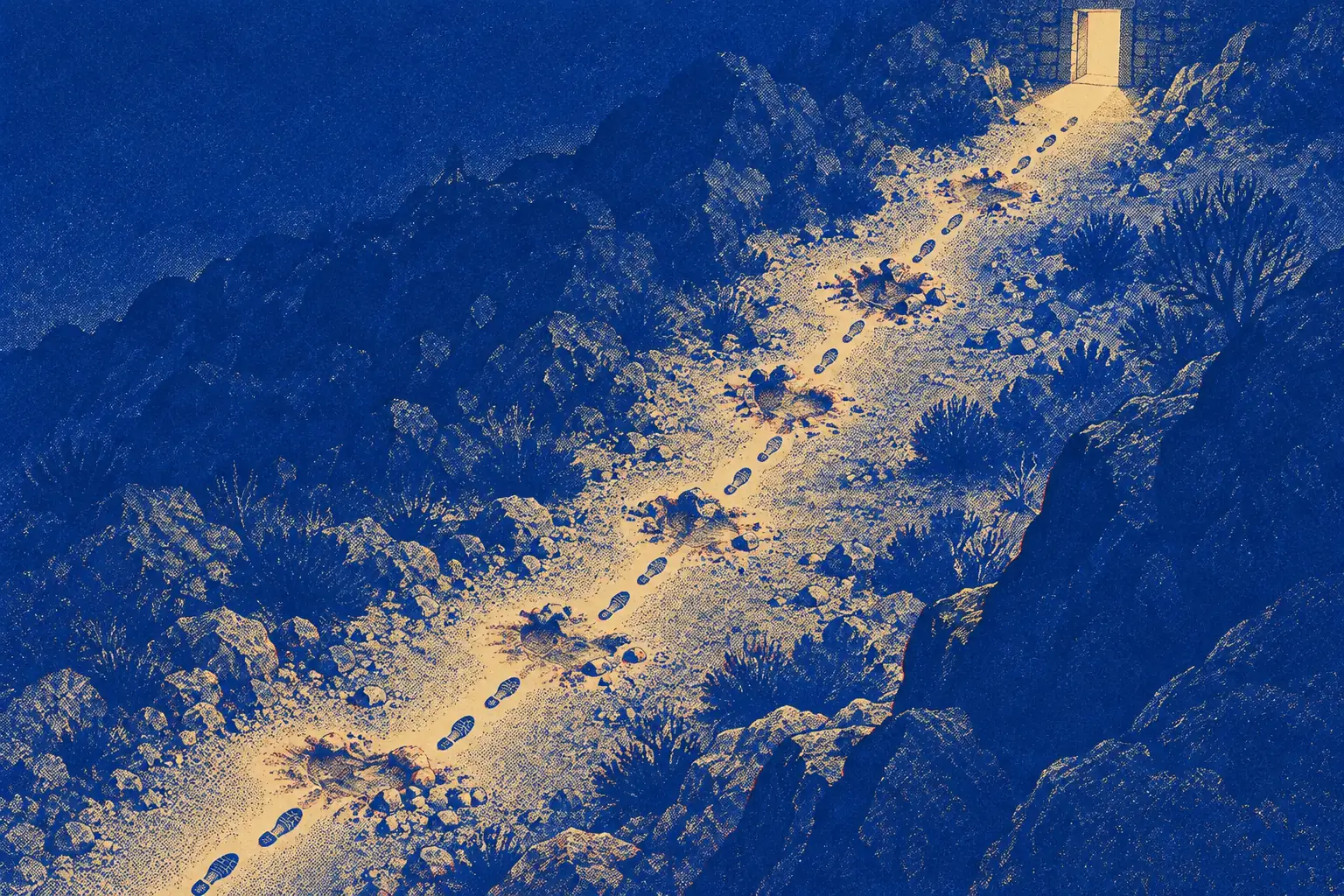 Seen from straight above at night, a long rocky path climbs a dark hillside. Scuffed ground and scattered stones mark several places where a traveller went down, and after each one the footprints carry on toward a single lamp-lit doorway at the top.