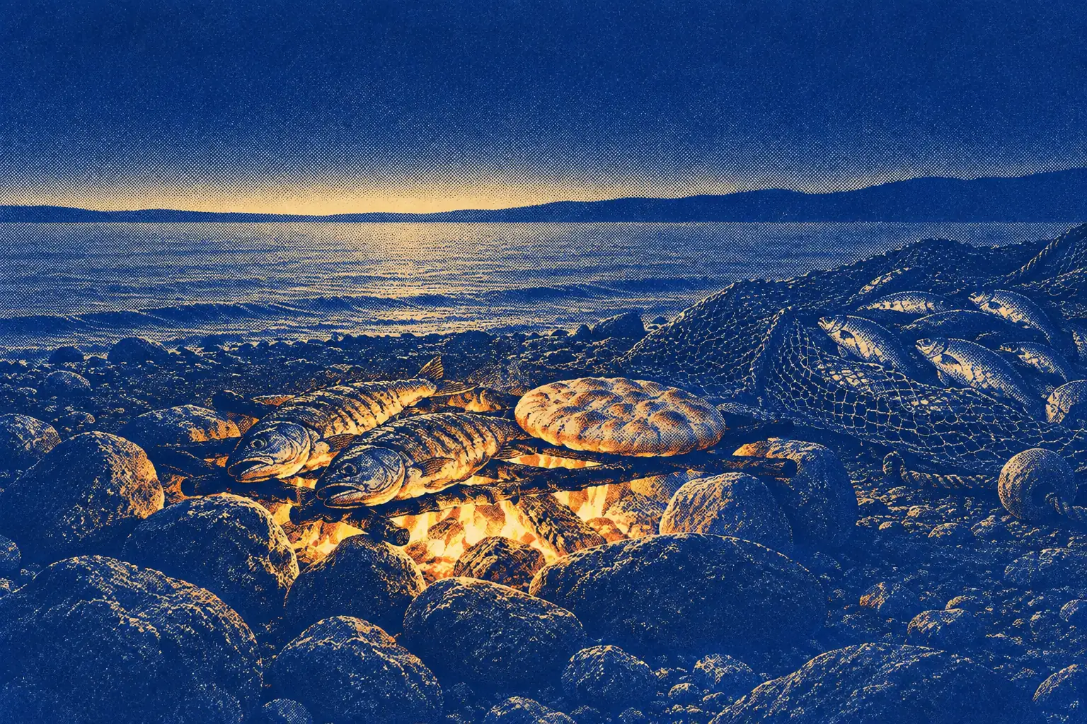 A close view of a small charcoal fire on beach stones at dawn, its coals glowing gold, with two fish and a round flat loaf laid across it. Just beyond it the edge of a wet fishing net full of fish lies on the sand, and the grey lake is behind.