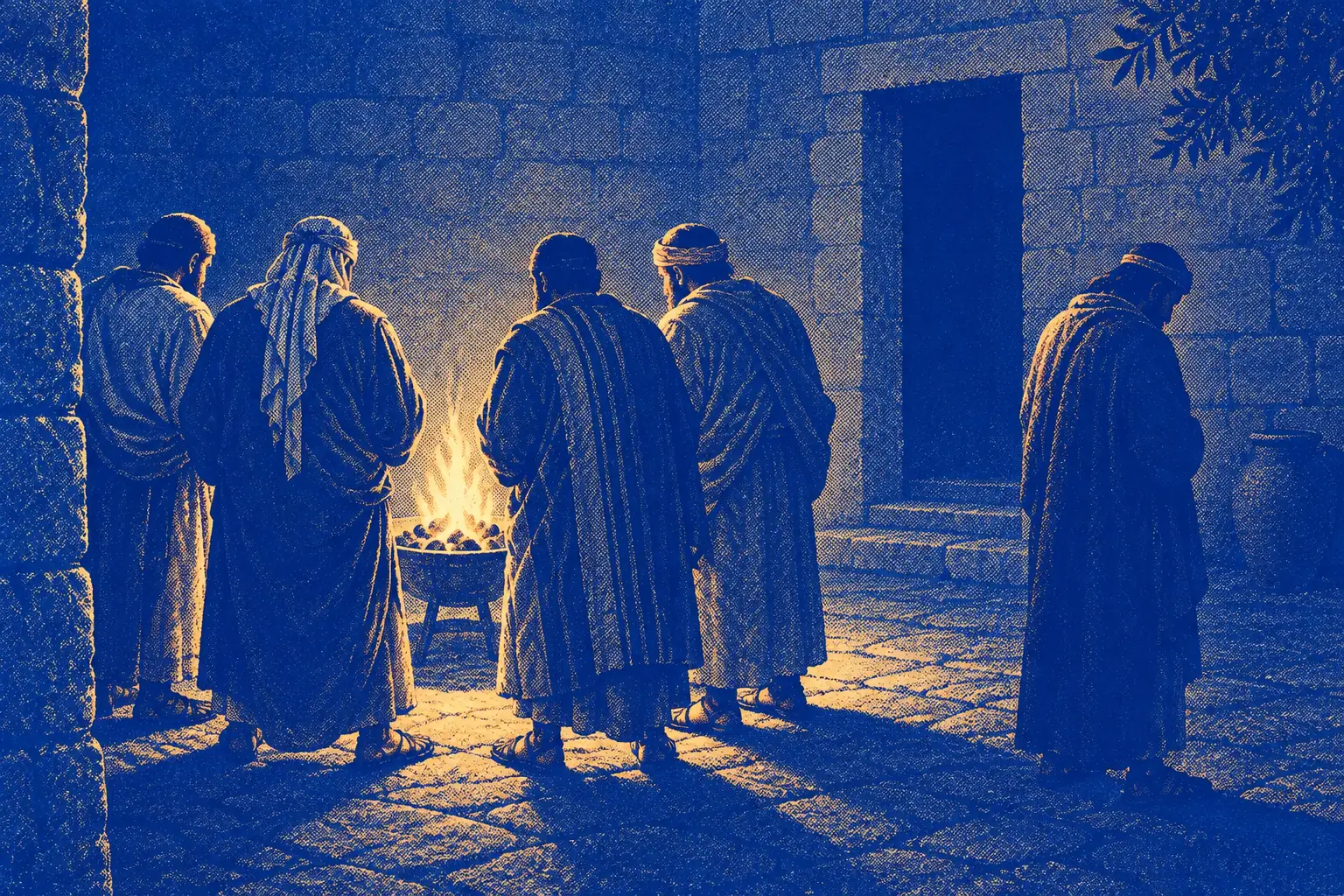 At night in a stone courtyard, a handful of men in mantles stand with their backs to us around a small charcoal fire, its gold coals the only light. One man stands a little apart at the edge of the light, head down, his hands hidden in his mantle, turned half away.