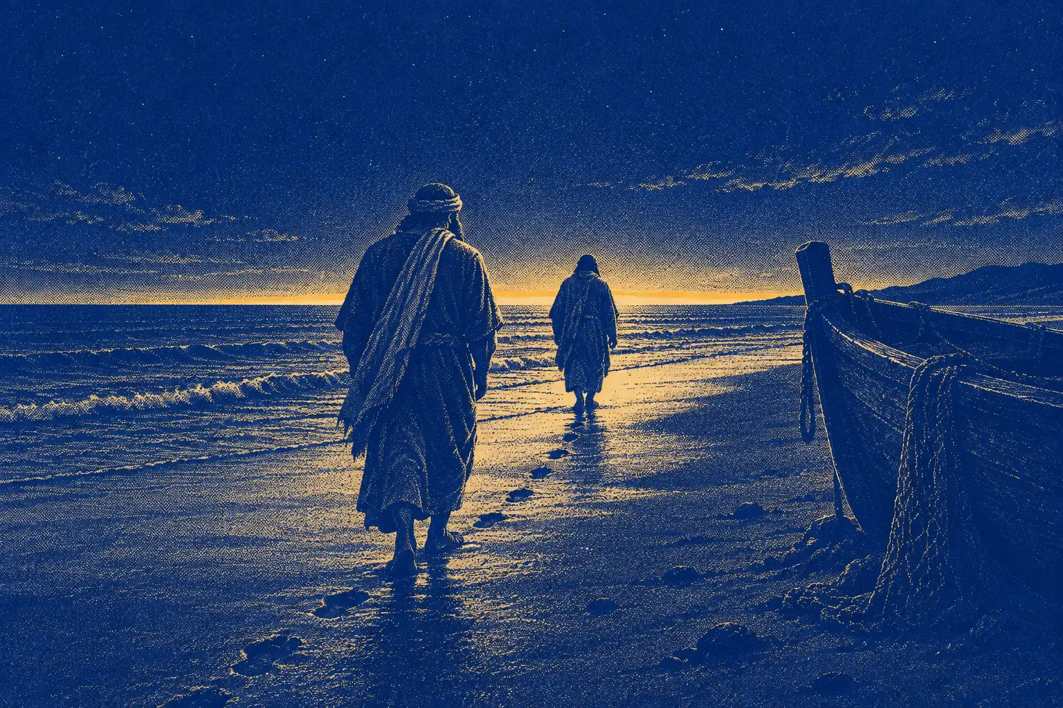 Two men in mantles walk away from us along a long empty lakeshore at dawn, one a little ahead of the other, their footprints pressed into the wet sand behind them. A thin band of gold dawn light lies along the horizon, and a beached boat lies dark at the edge of the frame.