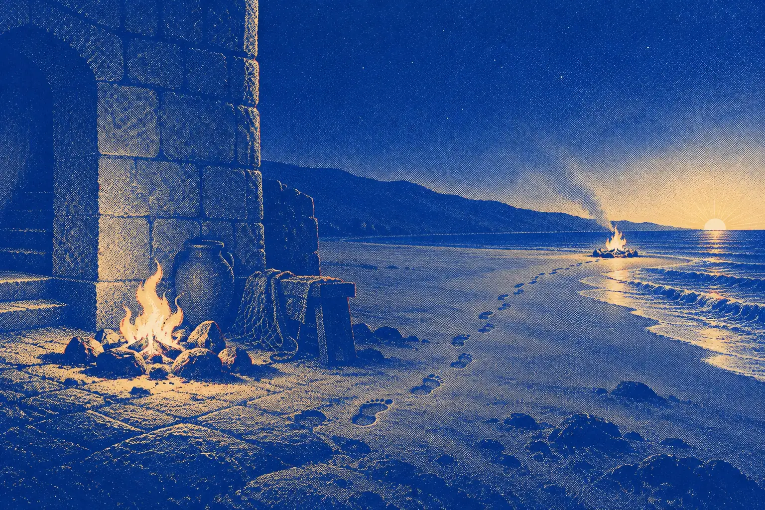 Two small fires burn far apart on a long dark shoreline at night, one on the left in a stone courtyard wall's shadow, one on the right on the open beach with the first dawn light behind it. A faint line of footprints in the sand runs from the first fire to the second.