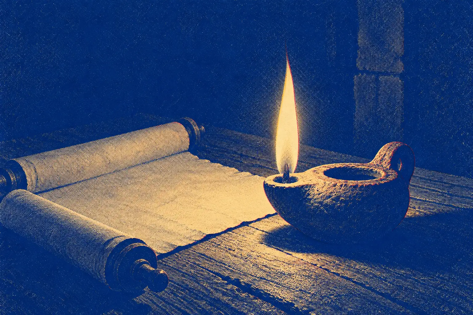 A single clay oil lamp burns with a tall steady flame on a rough wooden table in an otherwise dark room, seen close and a little from above. Beside it lies an open scroll, and the lamp's gold light falls in a small warm circle.