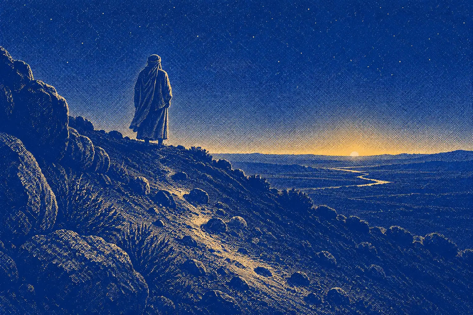 Seen from low on a dark hillside at dawn, a single figure in a mantle stands upright at the crest, seen from behind, looking out over a wide valley where a thin line of first gold light lies along the far horizon. Behind him on the slope, scuffed marks show where he fell on the way up.