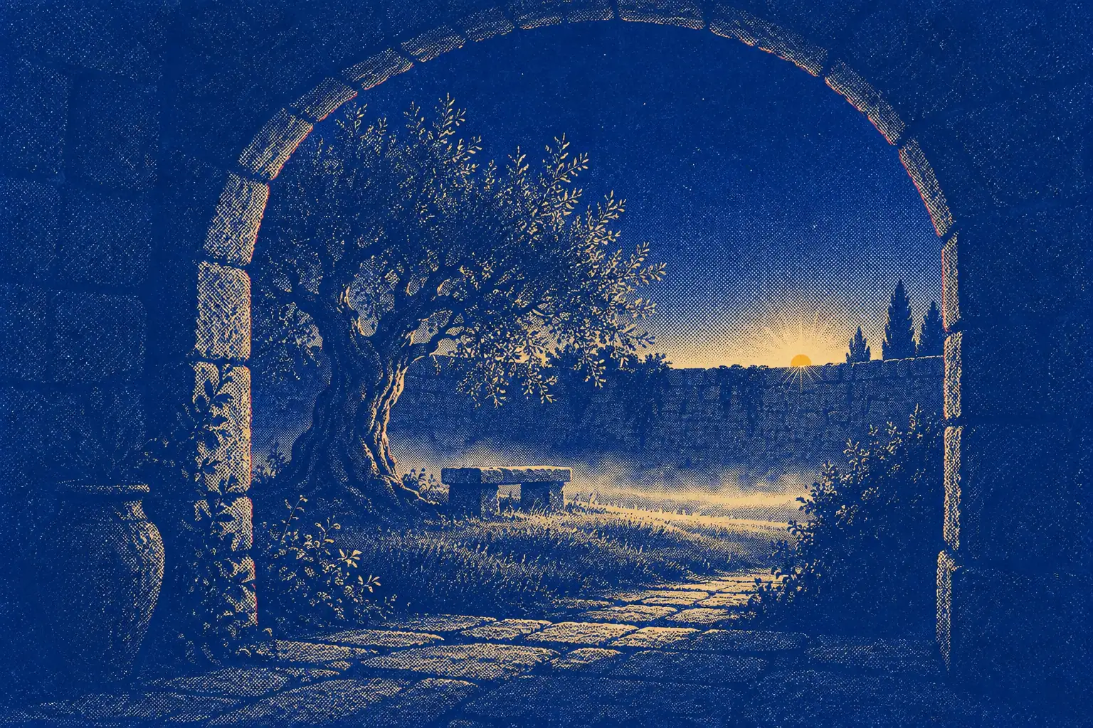 A quiet walled garden at first light seen through a low arched gateway, an olive tree and a stone bench inside, and a thin mist lying on the grass. A small gold sun is just clearing the far wall.
